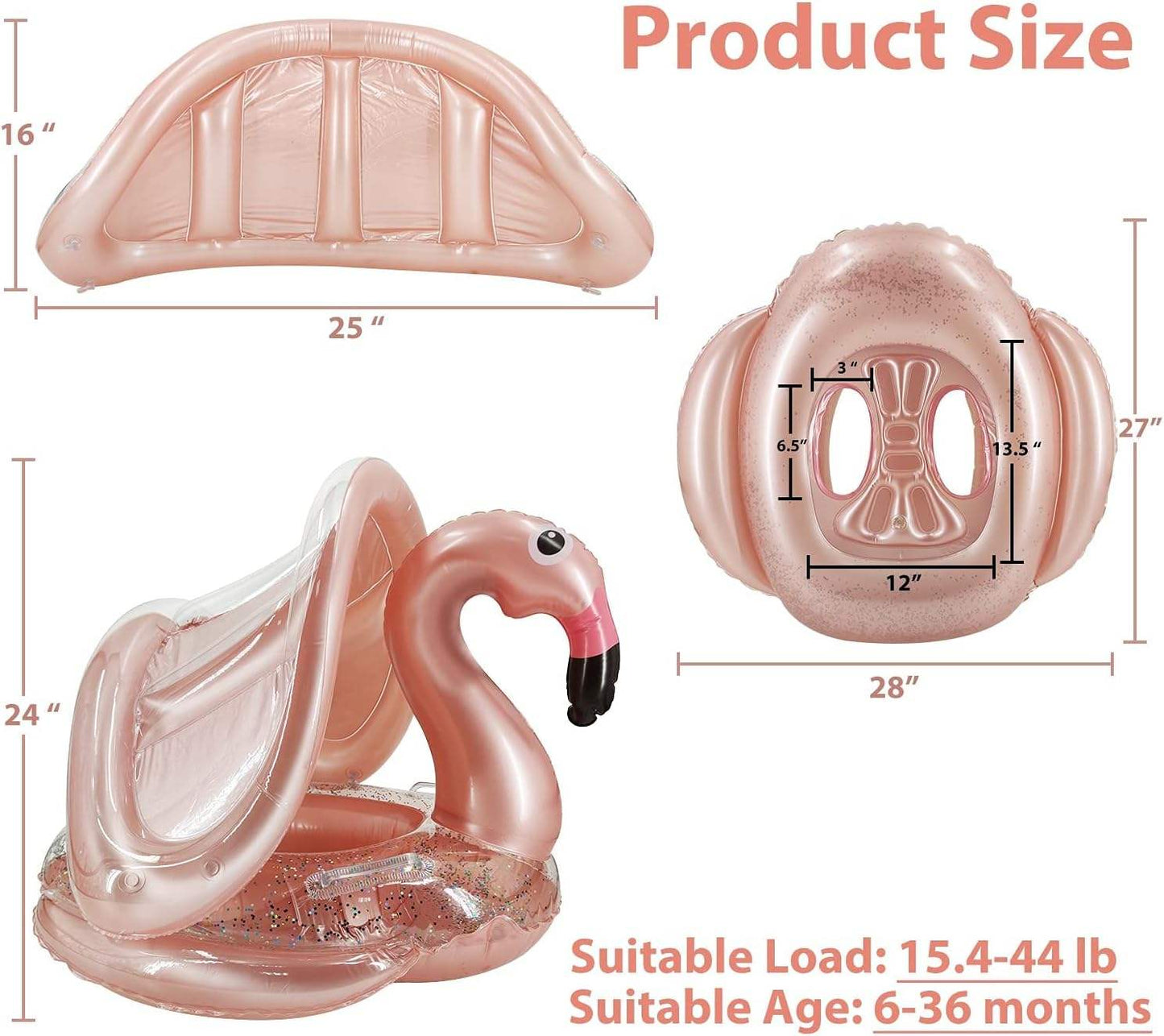 FLOTADOR 85cm CON ASIENTO Y SOMBRA DE GARZA ORO ROSA