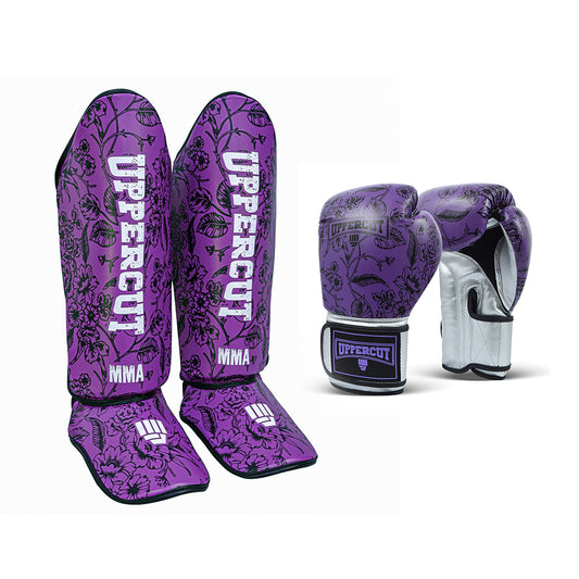 Pack UpperCut Guantes Canillera Violeta Floreado